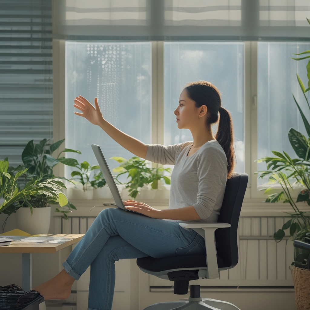 Persona joven sentada en una silla ergonómica junto a una ventana luminosa realizando ejercicios suaves de movilidad visual con los ojos abiertos mirando hacia distintas direcciones, espacio de trabajo ordenado con plantas y luz natural en un ambiente de bienestar