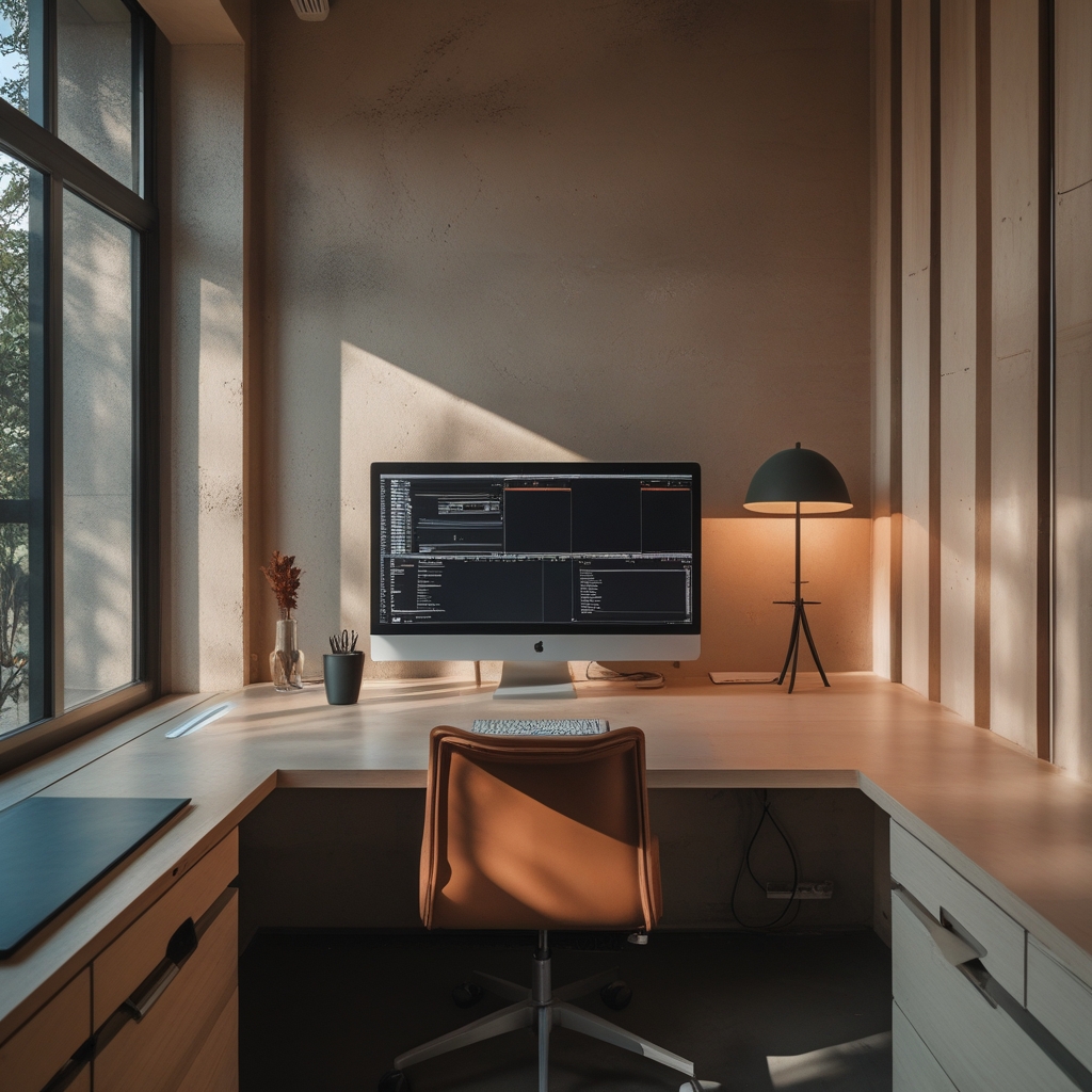 Espacio de trabajo con buena ergonomía visual que muestra un monitor de ordenador en el centro, iluminación ambiental equilibrada con luz natural lateral desde una ventana, y silla ajustada a la altura correcta para una postura visual óptima