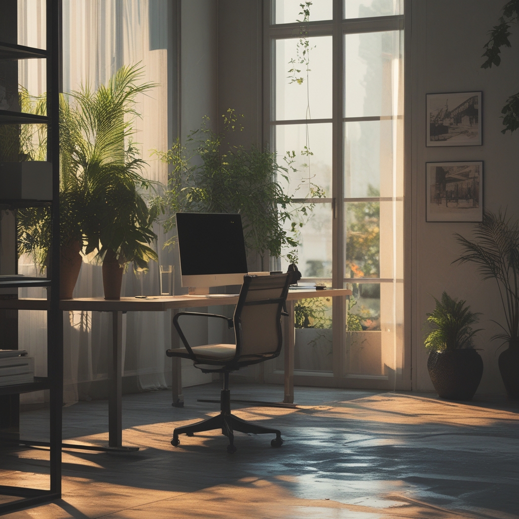 Vista panorámica de un escritorio de trabajo ergonómico junto a una ventana con luz natural suave que entra, mostrando un ambiente tranquilo con plantas verdes y una iluminación cálida y equilibrada que evoca bienestar visual