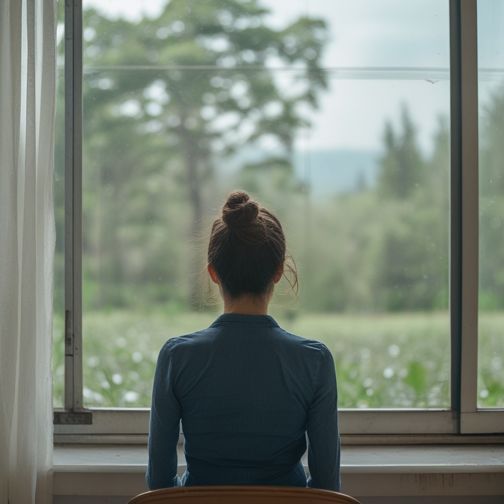 Vista desde atrás de una persona sentada frente a una ventana con paisaje verde al fondo, alternando la mirada entre el cristal cercano y el horizonte lejano, representando los ejercicios de cambio de foco visual para los ojos