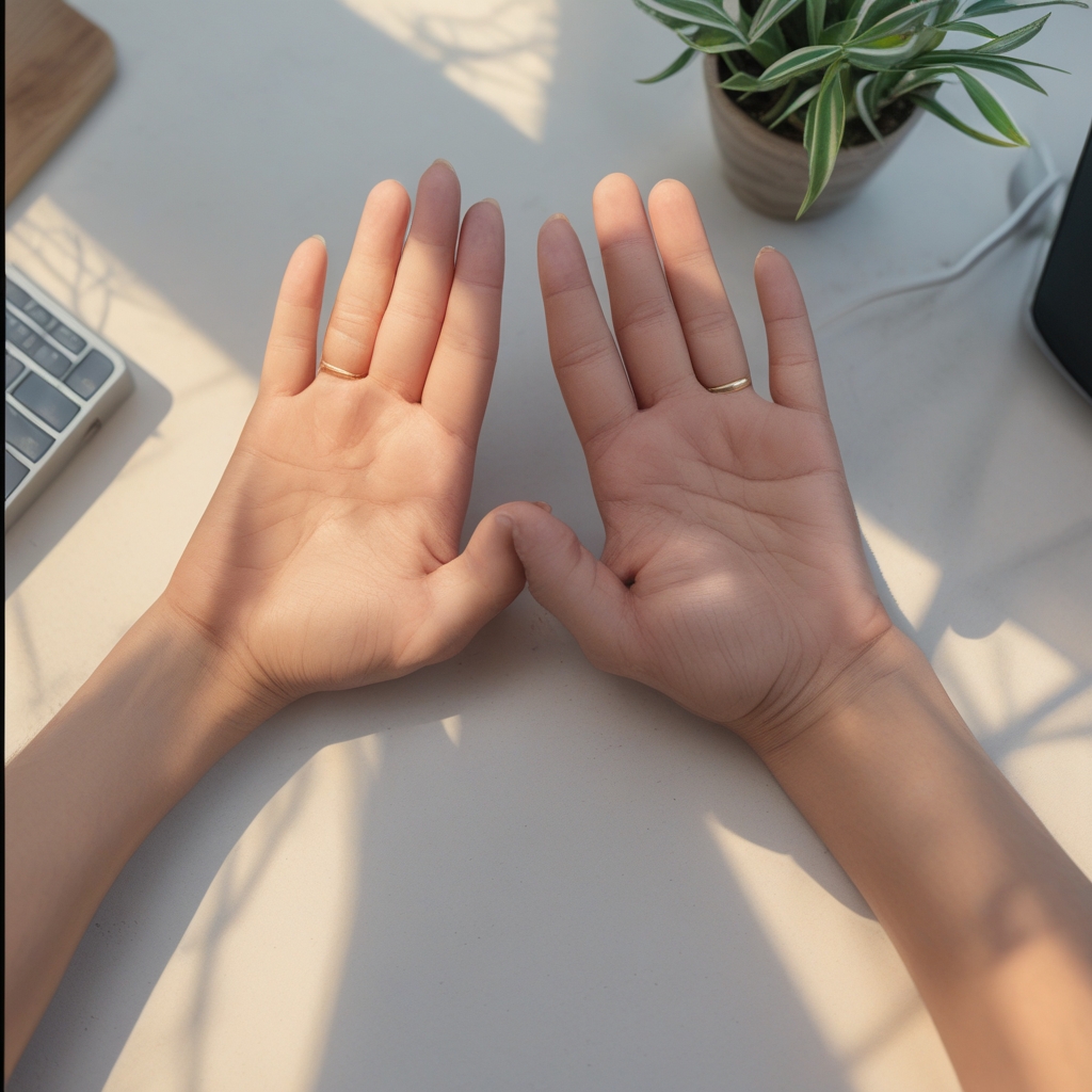 Manos de una persona cubriéndose suavemente los ojos cerrados con las palmas calientes en posición de descanso sobre un escritorio iluminado con luz natural tenue, ilustrando la técnica de palming para la relajación ocular